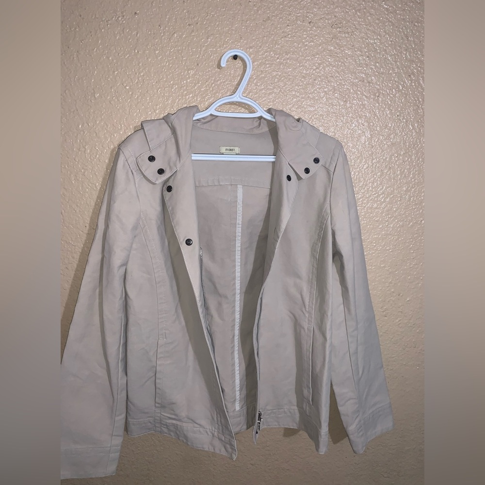 Beige all-season coat with hood